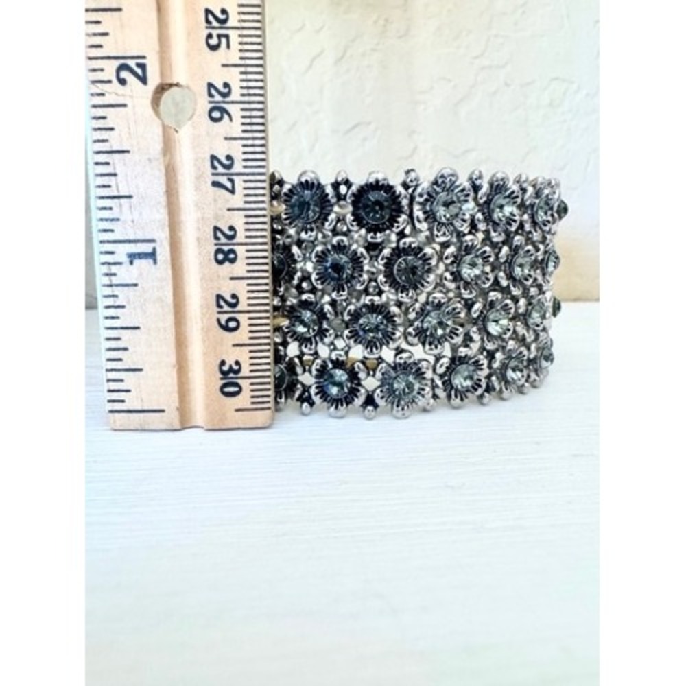 Floral Rhinestone Stretch Cuff Bracelet Silver Tone Wide Statement Resortwear - Picture 6 of 9